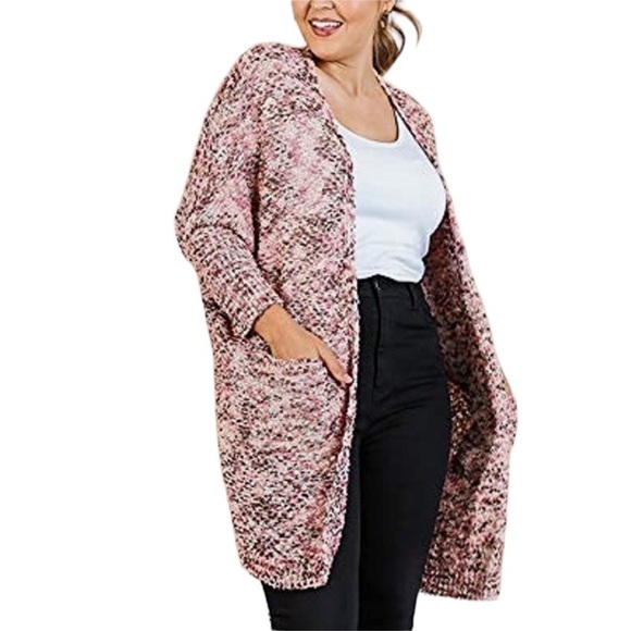 UMGEE Open Front Boucle/Teddy Knit Long Cardigan in Pink/Brown Size Medium - Picture 2 of 9